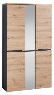 Frontansicht eines modernen XXL-Schuh- und Garderobenschranks mit Holzoptik und integriertem Spiegel in der Mitte.