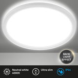 Runde LED-Badleuchte mit neutralweißem Licht, ultra-schlankem Design und Rücklichteffekt, Ansicht von unten.