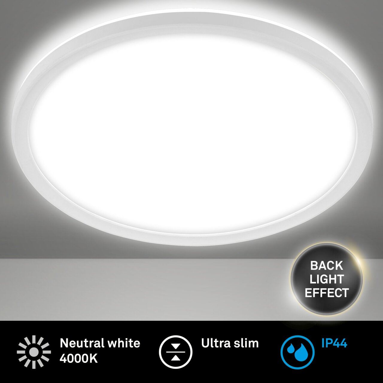 Ronde led-badkamerlamp met neutraal wit licht, ultraslank ontwerp en achtergrondverlichtingseffect, gezien van onderaf.