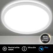 Ronde led-badkamerlamp met neutraal wit licht, ultraslank ontwerp en achtergrondverlichtingseffect, gezien van onderaf.