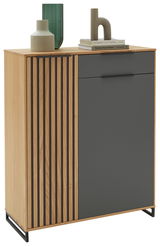 Moderner Schuhschrank aus Holz mit grauer Tür und dekorativen vertikalen Streifen, seitliche Perspektive