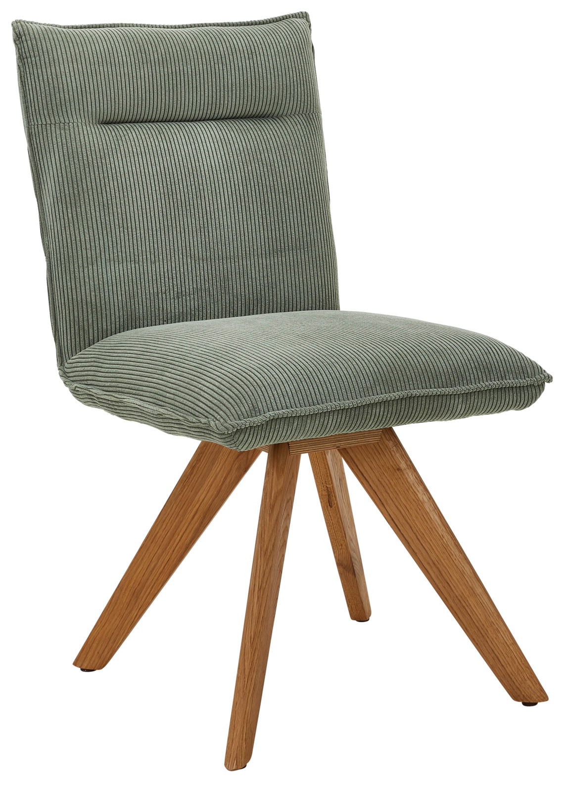 Johann Jakob Stuhl CALAS Grüner Stuhl mit gepolsterter Sitzfläche und Rückenlehne, Holzbeine, seitliche Perspektive