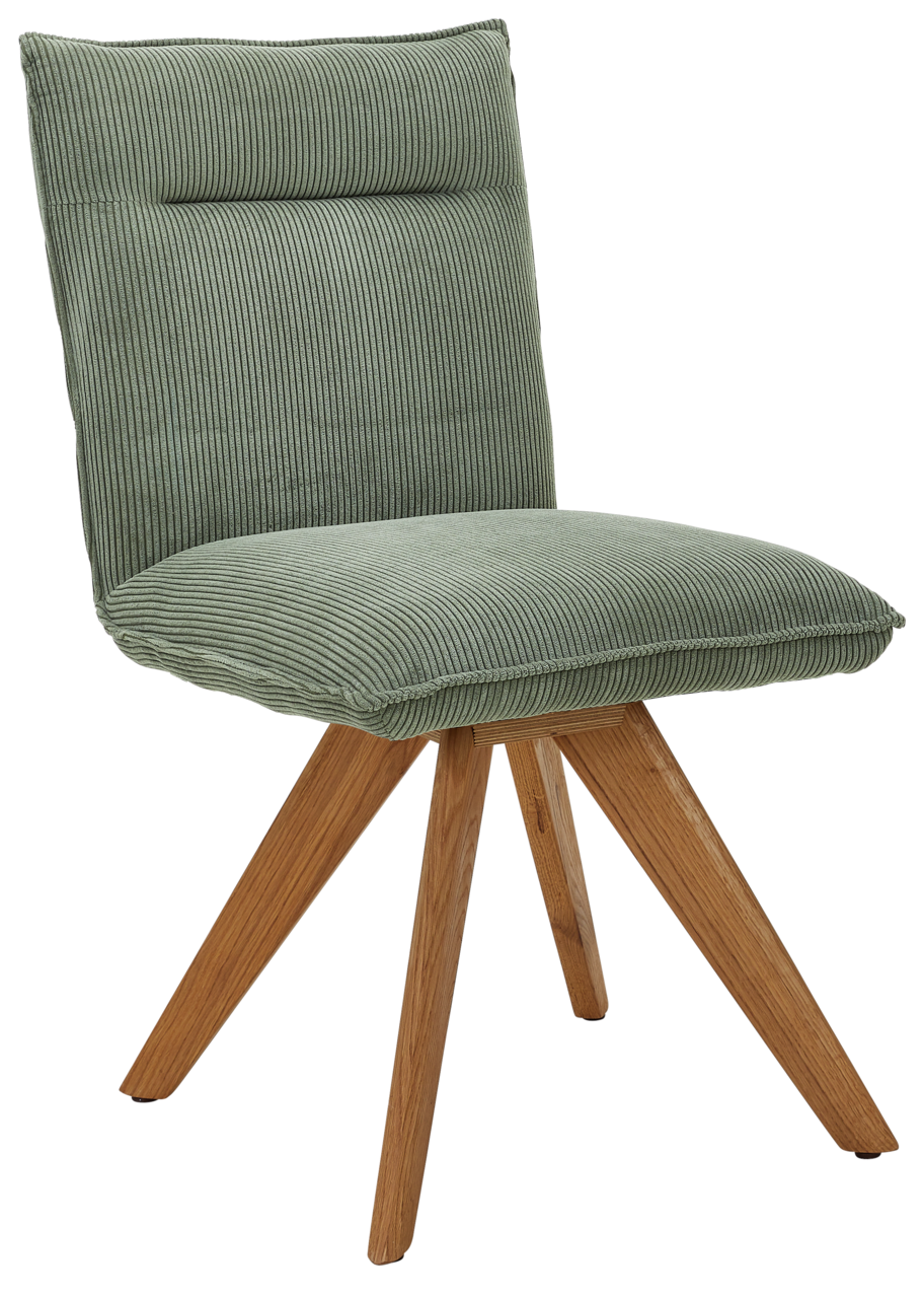 Johann Jakob Stuhl CALAS Grüner Stuhl mit gepolsterter Sitzfläche und Rückenlehne, Holzbeine, seitliche Perspektive