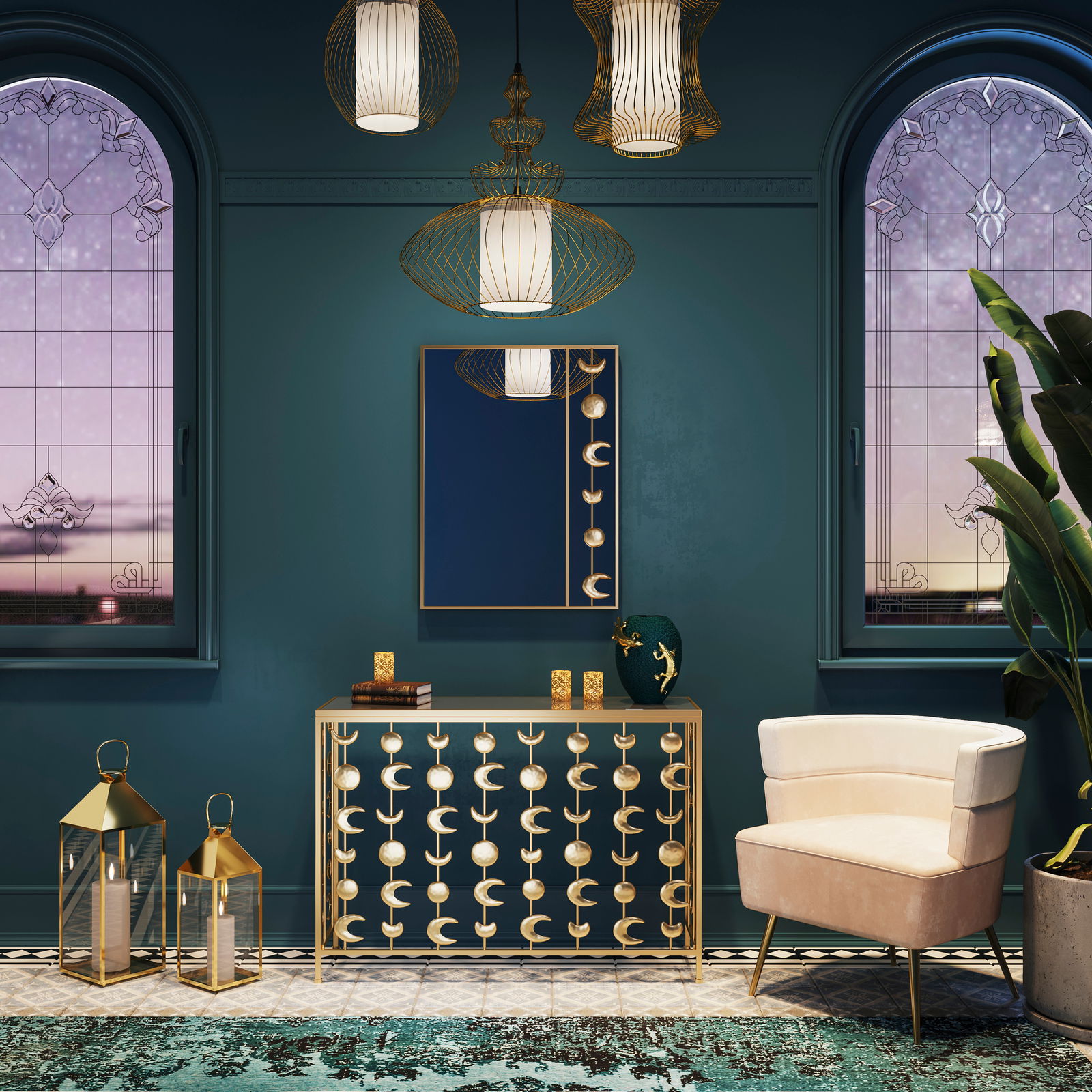 Eleganter Sessel in einem stilvollen Raum mit goldenen Akzenten, seitliche Perspektive