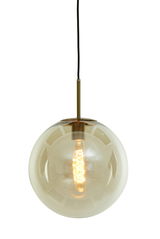 Moderne Hängeleuchte mit kugelförmigem, transparentem Glasdesign und sichtbarem Leuchtmittel, frontal betrachtet.