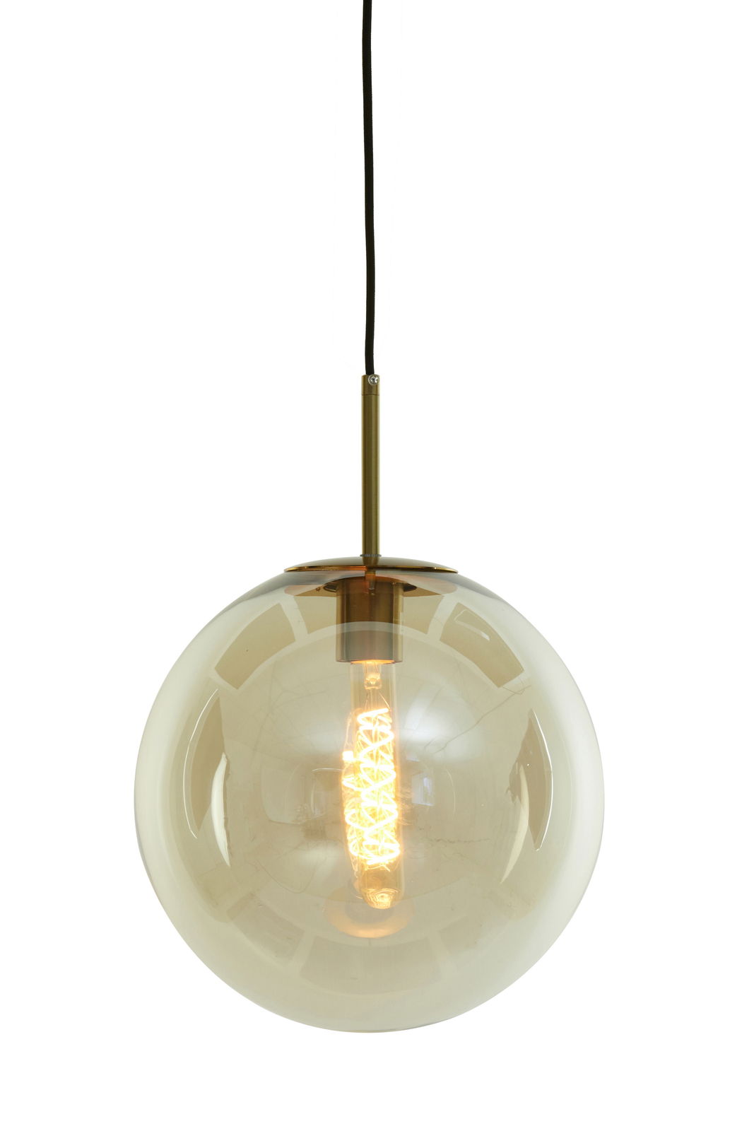 Moderne Hängeleuchte mit kugelförmigem, transparentem Glasdesign und sichtbarem Leuchtmittel, frontal betrachtet.