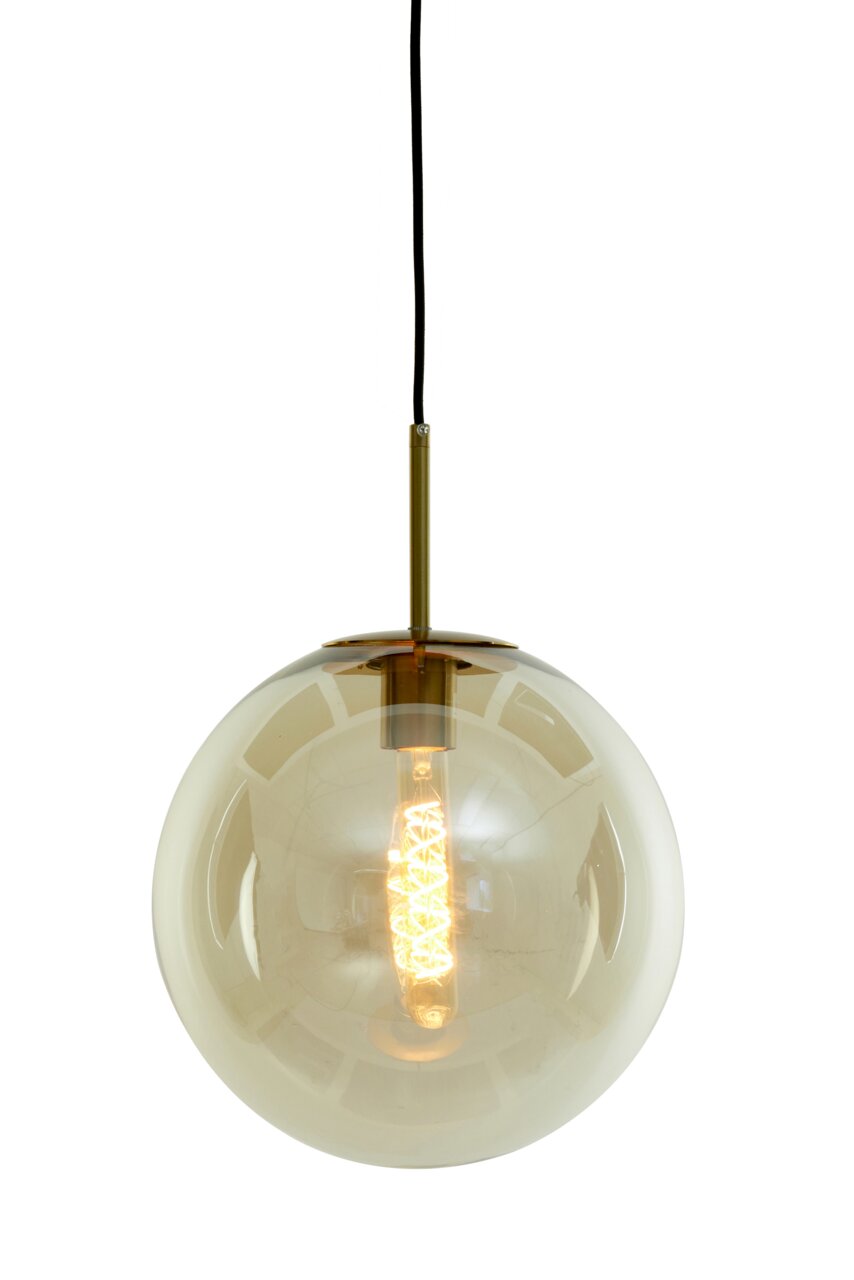 Moderne Hängeleuchte mit kugelförmigem, transparentem Glasdesign und sichtbarem Leuchtmittel, frontal betrachtet.