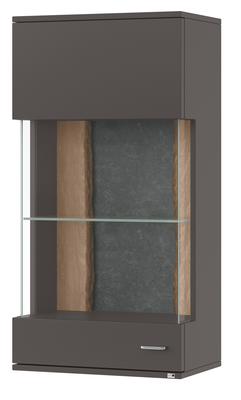 Set one by Musterring Hängevitrine li. TACOMA Moderne Hängevitrine in dunklem Holz mit Glastür und Glasboden, seitliche Perspektive.