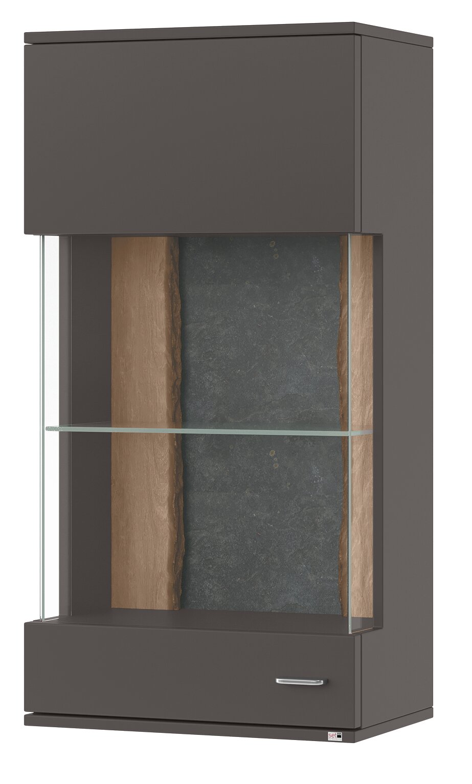 Set one by Musterring Hängevitrine li. TACOMA Moderne Hängevitrine in dunklem Holz mit Glastür und Glasboden, seitliche Perspektive.