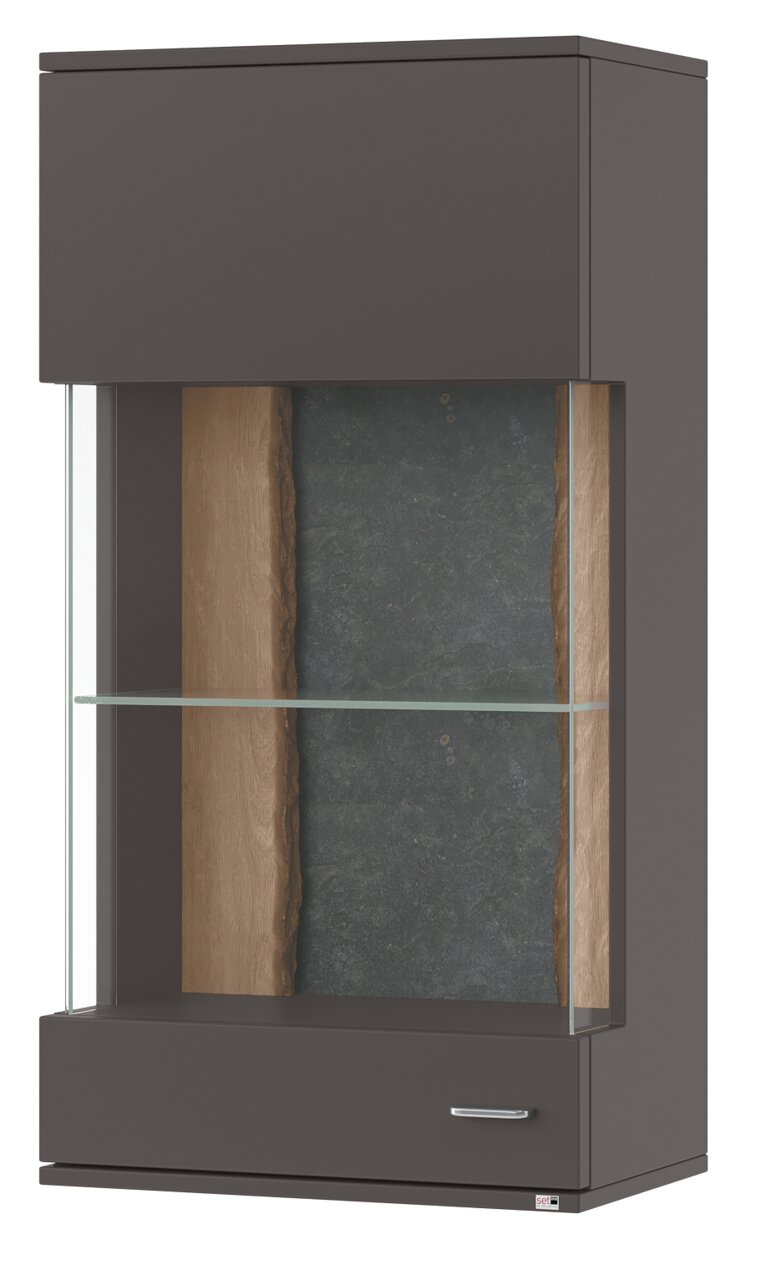 Moderne Hängevitrine in dunklem Holz mit Glastür und Glasboden, seitliche Perspektive.