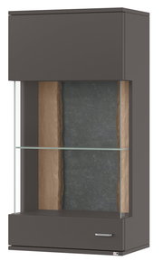 Moderne Hängevitrine in dunklem Holz mit Glastür und Glasboden, seitliche Perspektive.