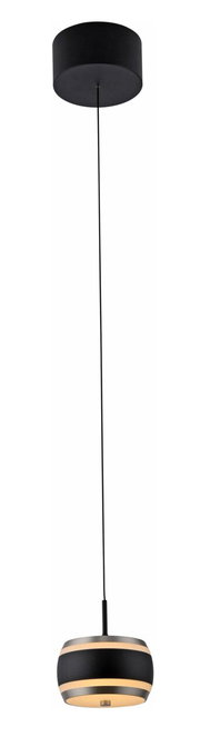 Moderne LED-hanglamp met een zwarte, cilindervormige kap en een elegante, ringvormige lampenkap in zwart en met een metalen look. Zijaanzicht.