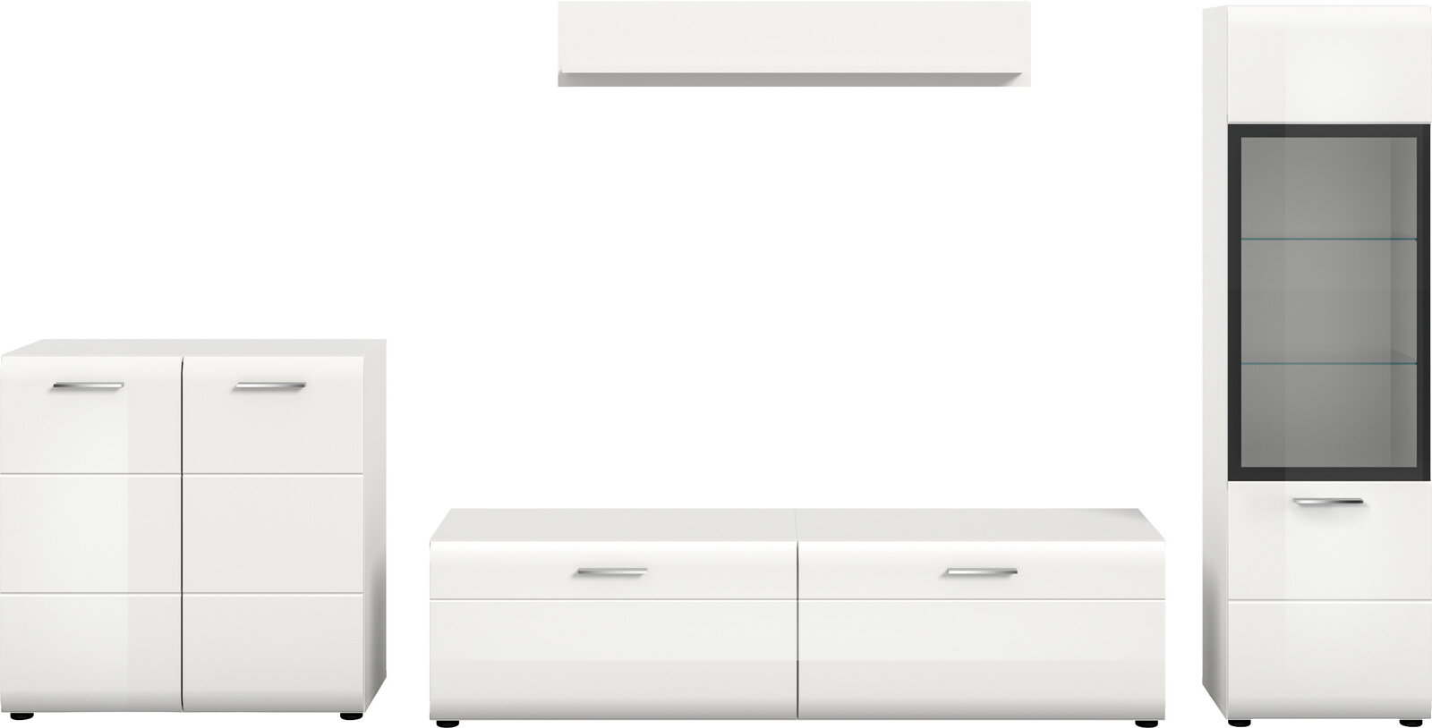 Weißes, modernes Wohnzimmermöbel-Set mit Lowboard, Hängeregal, Kommode und Vitrine mit Glastür und silbernen Griffen, frontal in leichter Schrägansicht freigestellt auf weißem Hintergrund
