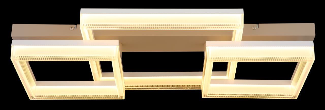 Moderne LED-Deckenleuchte mit drei rechteckigen, leuchtenden Rahmen, Ansicht von unten.