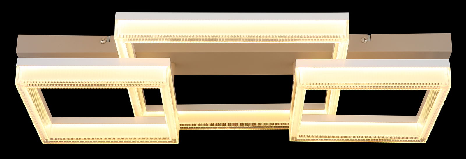 Moderne LED-Deckenleuchte mit drei rechteckigen, leuchtenden Rahmen, Ansicht von unten.