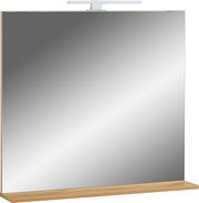 Moderner rechteckiger Spiegel mit Holzablage und integrierter Beleuchtung, Frontalansicht