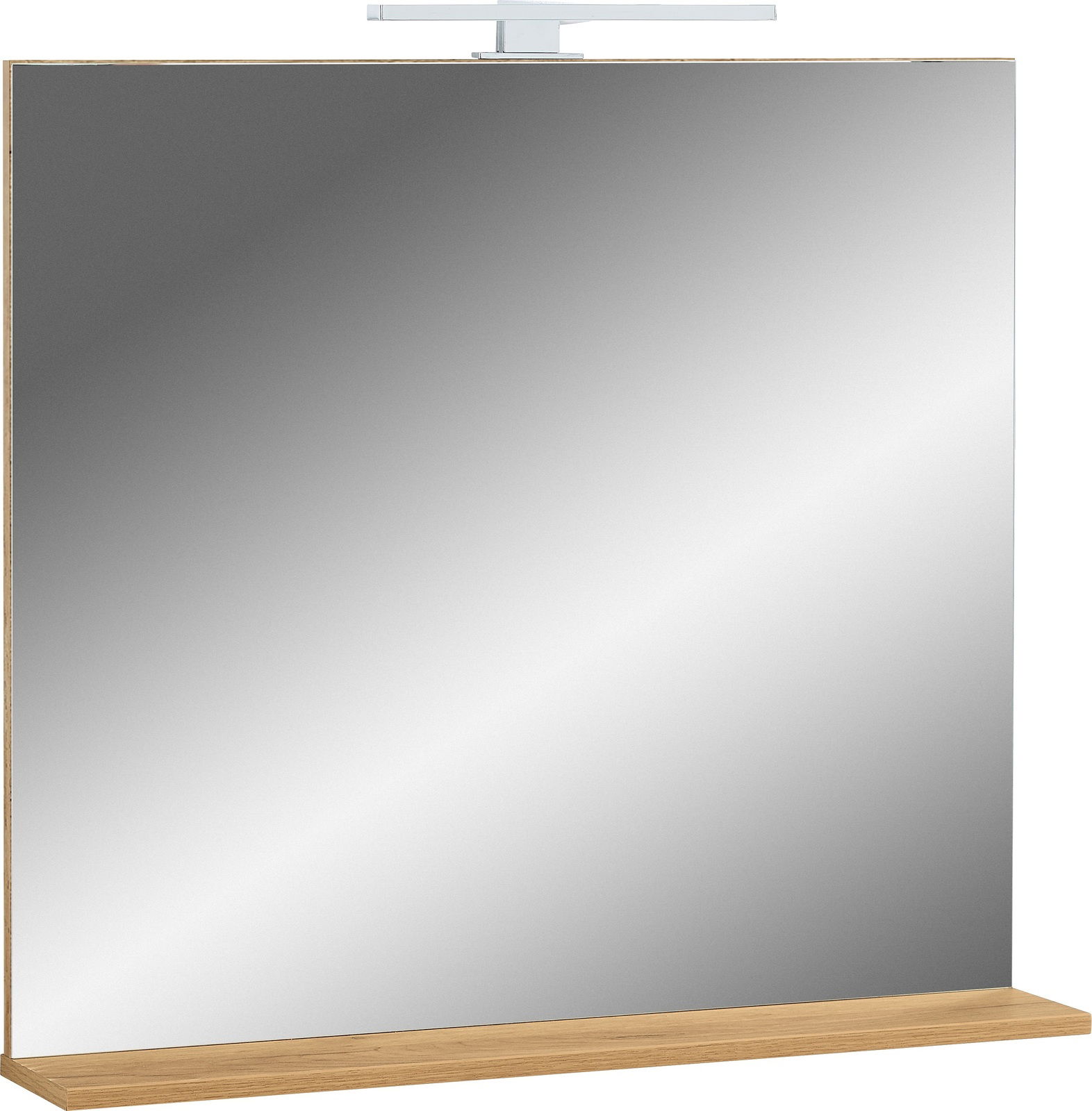 Moderner rechteckiger Spiegel mit Holzablage und integrierter Beleuchtung, Frontalansicht