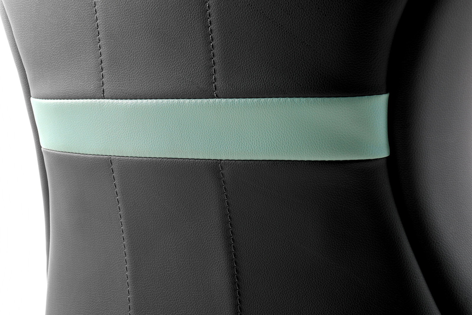Rückansicht eines Gaming Stuhls mit grauem Leder und mintgrünem Streifen