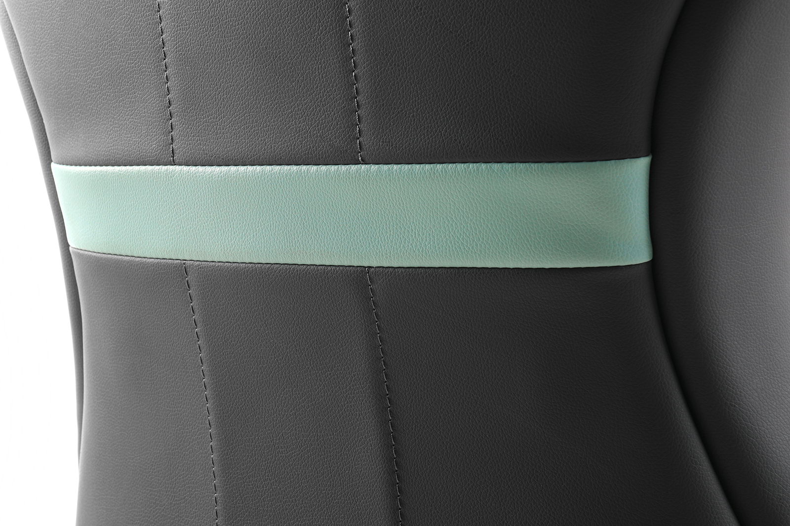 Rückansicht eines Gaming Stuhls mit grauem Leder und mintgrünem Streifen