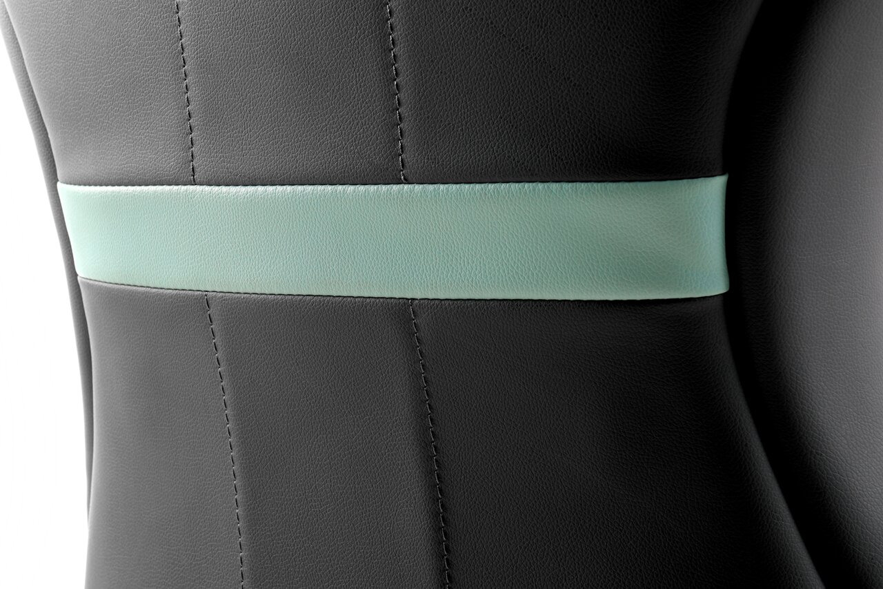 Rückansicht eines Gaming Stuhls mit grauem Leder und mintgrünem Streifen