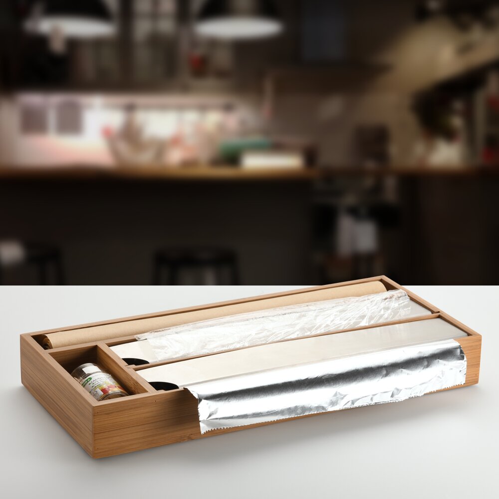 Kesper Folienspender Folienspender aus Holz für die Schublade, gefüllt mit Alufolie und Frischhaltefolie, aus der Vogelperspektive