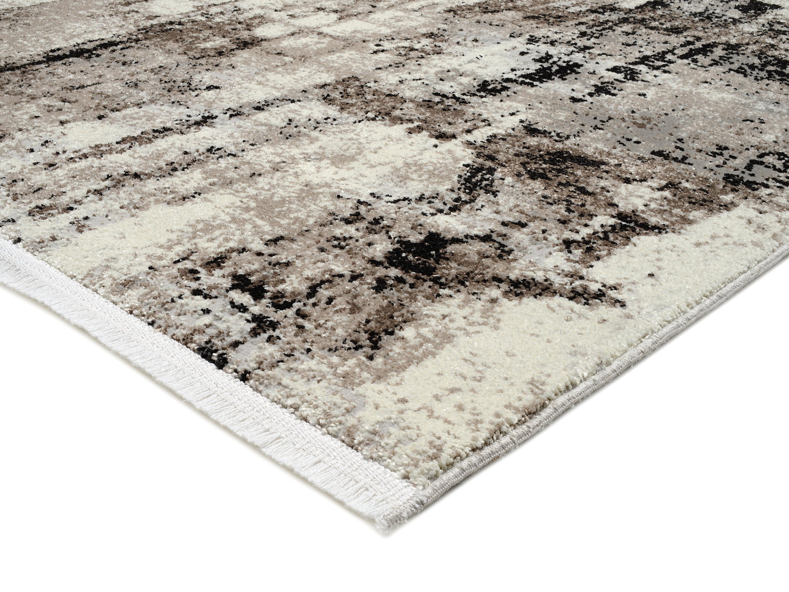 Designer Teppich in Erdtönen mit abstraktem Muster, seitliche Perspektive