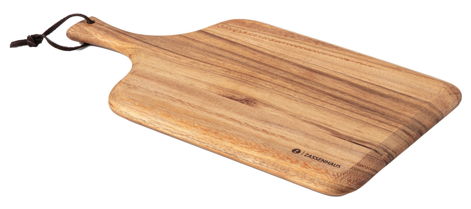 Holzgriffbrett mit abgerundeten Ecken und einer Lederschlaufe, aus der Vogelperspektive fotografiert.