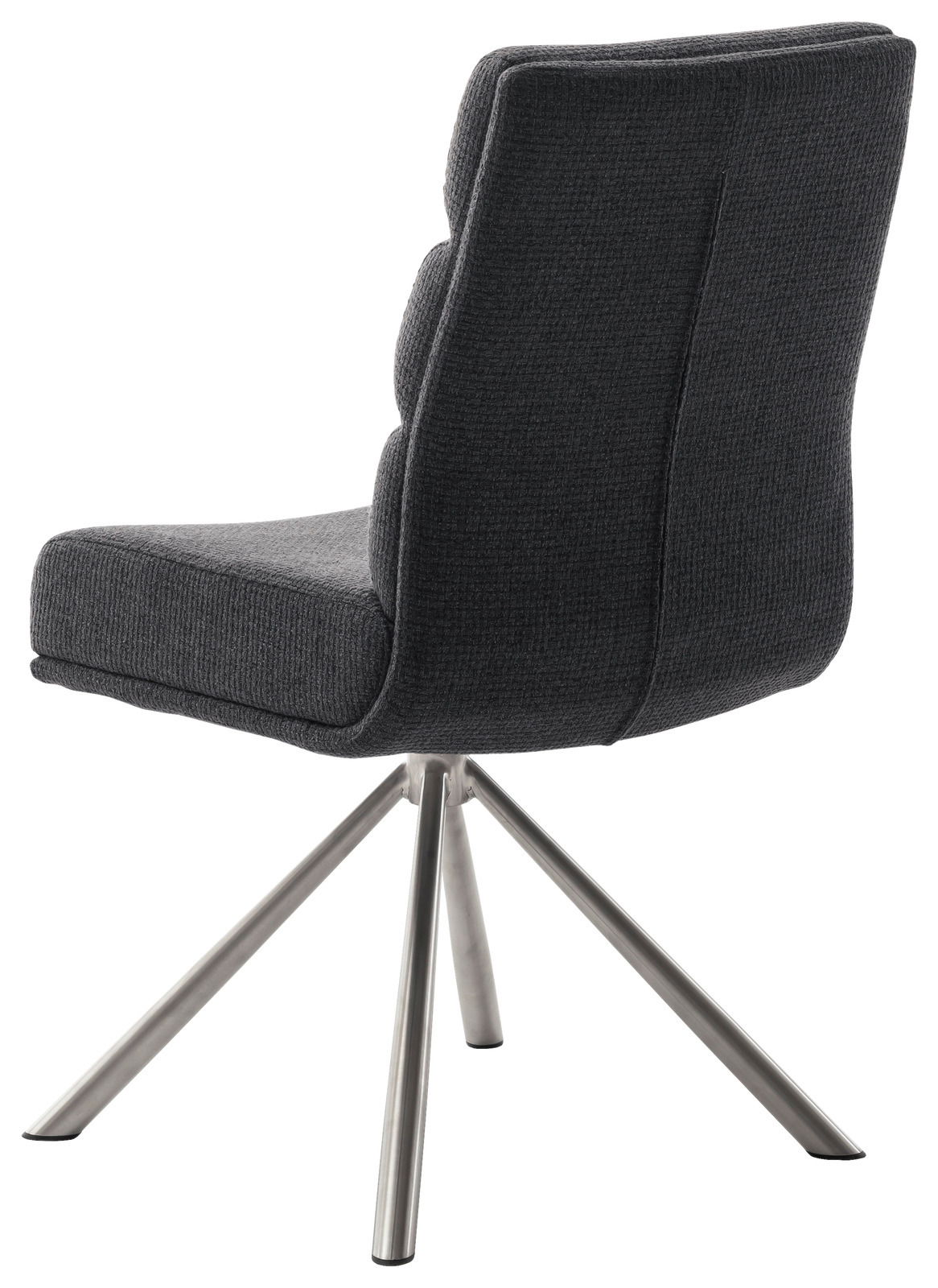 Moderner Stuhl mit grauem Stoffbezug und Metallbeinen, Rückansicht