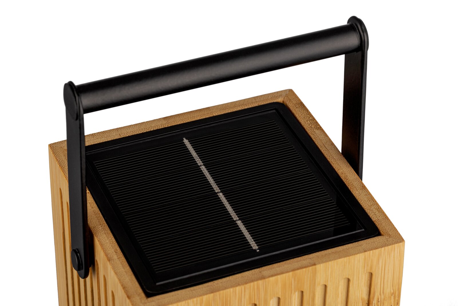 Solarlampe aus Holz mit schwarzem Griff und Solarpanel, Ansicht von oben