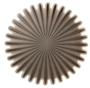 Obenansicht einer mittelgroßen, hellgrauen Schale mit geriffeltem Rand und strahlenförmigem Muster.