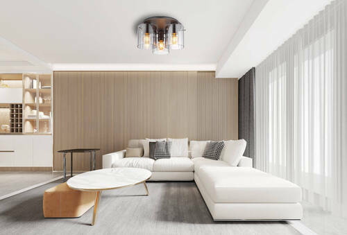 Moderne Deckenleuchte DUNDEE in einem stilvollen Wohnzimmer, Perspektive von unten.