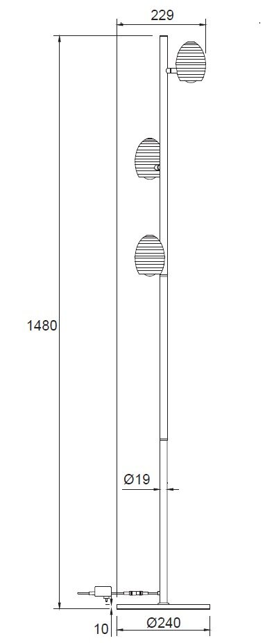 Technische Seitenansicht einer schlanken, 1480 mm hohen Stehleuchte mit drei ovalen Leuchtenköpfen, vertikalem Standrohr und rundem Fuß mit Ø 240 mm