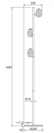 Technische Seitenansicht einer schlanken, 1480 mm hohen Stehleuchte mit drei ovalen Leuchtenköpfen, vertikalem Standrohr und rundem Fuß mit Ø 240 mm