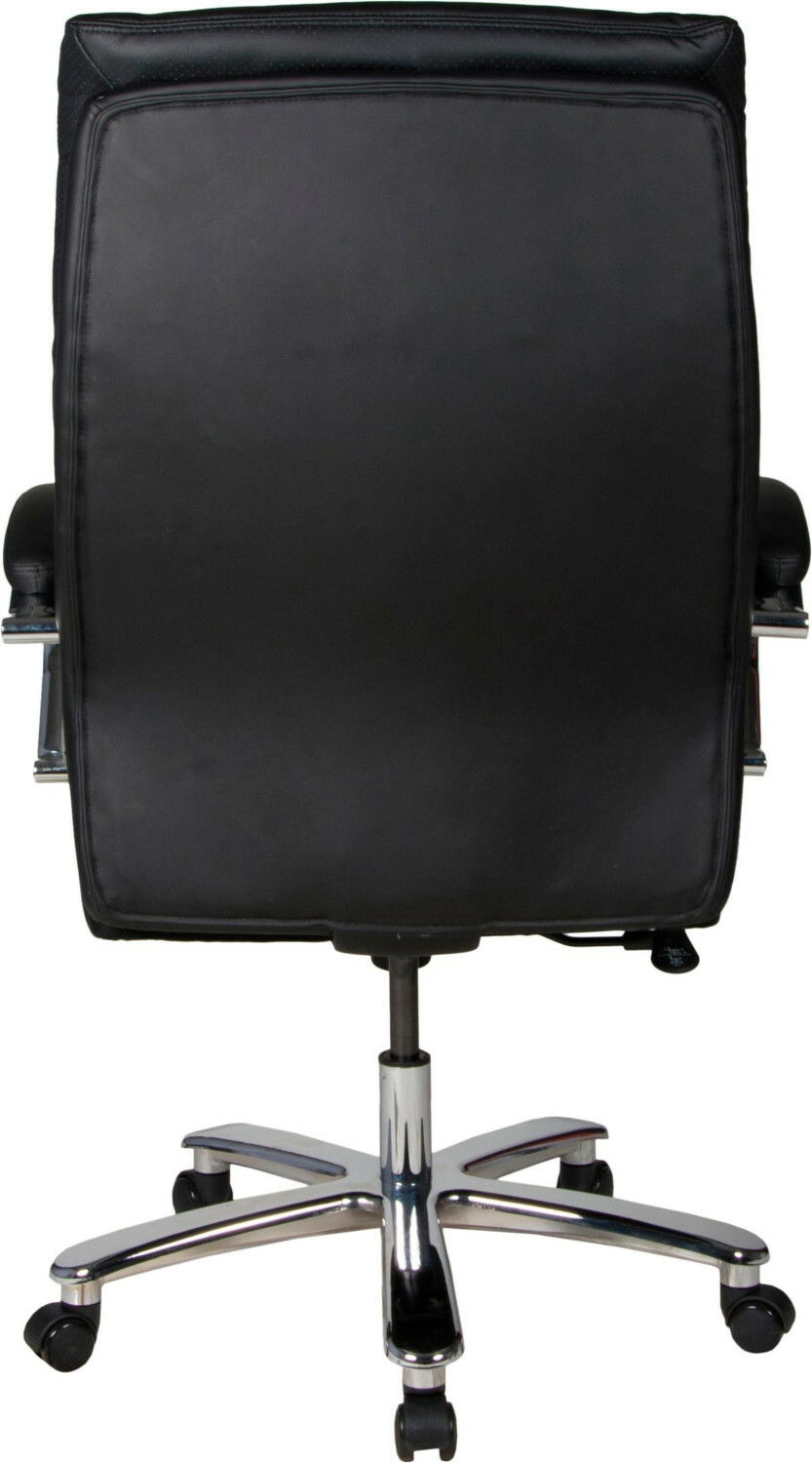 Rückansicht eines schwarzen Chefsessels mit verchromtem Fußkreuz und Rollen.