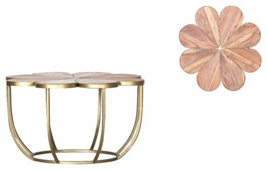 Beistelltisch mit blumenförmiger Holzplatte und goldfarbenem Metallgestell, seitliche und Draufsicht