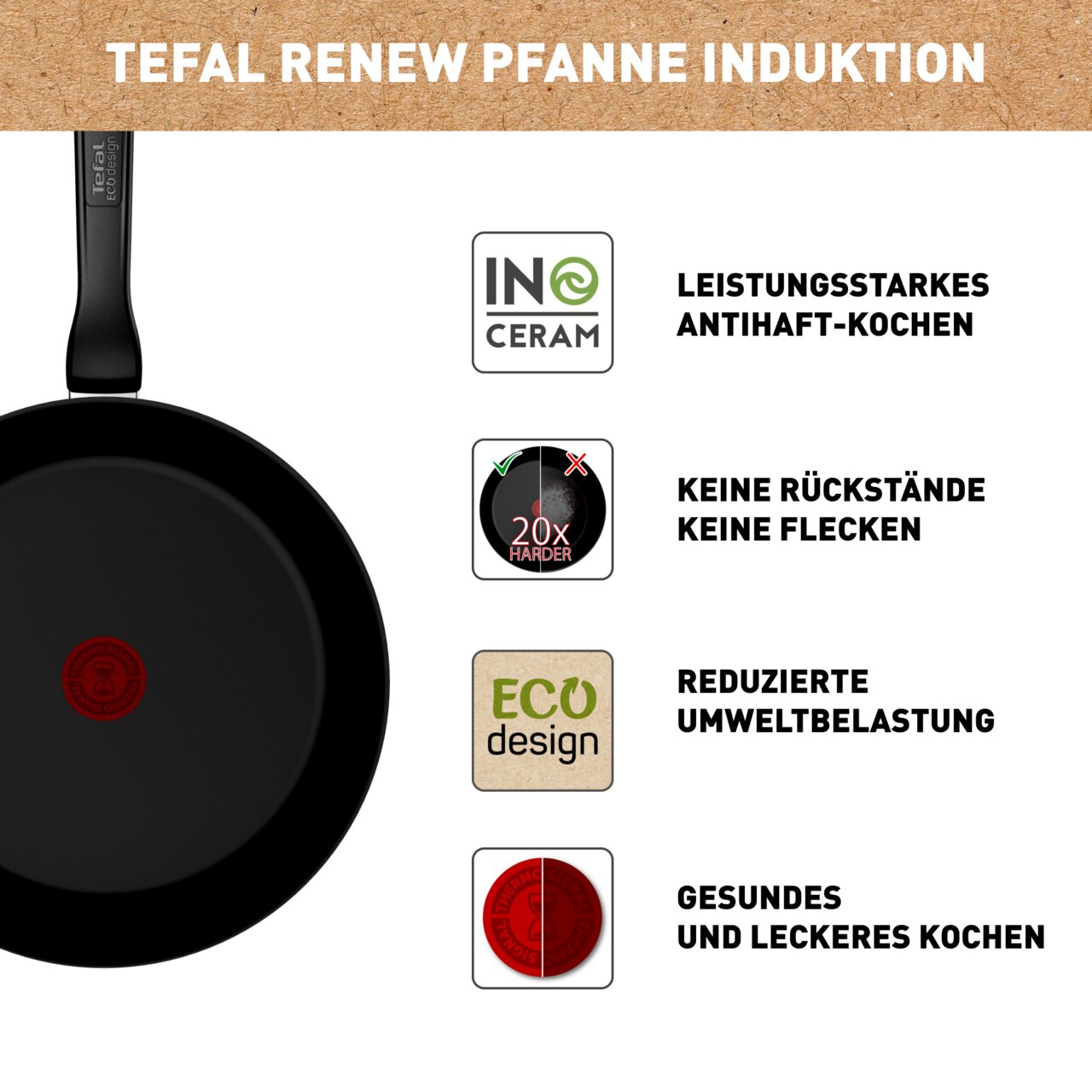 Keramik-Wokpfanne mit schwarzer Antihaftbeschichtung, von oben betrachtet, mit Hinweisen auf leistungsstarkes Antihaft-Kochen, keine Rückstände, reduzierte Umweltbelastung und gesundes Kochen.