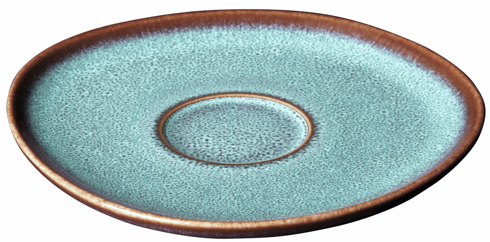 Kaffeeuntertasse Lave türkis aus Keramik, Ansicht von oben mit braunem Rand und gesprenkelter Oberfläche.