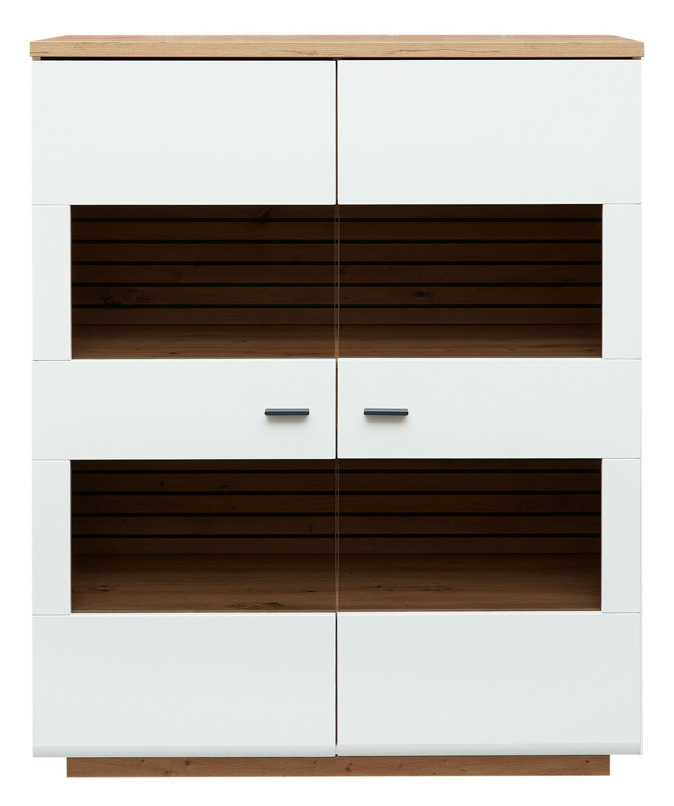 Frontansicht eines modernen Highboards mit weißen Türen und Holzdetails, zwei offenen Regalfächern und schwarzen Griffen.