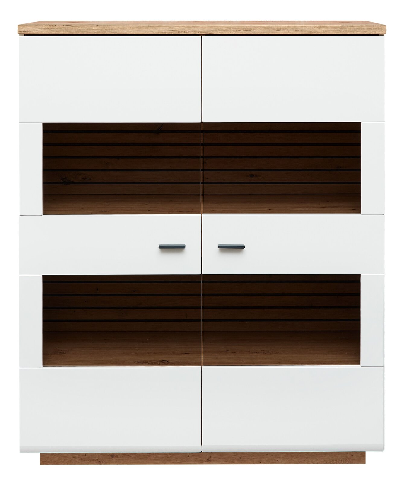 Zurbrüggen Highboard FRESNO Frontansicht eines modernen Highboards mit weißen Türen und Holzdetails, zwei offenen Regalfächern und schwarzen Griffen.