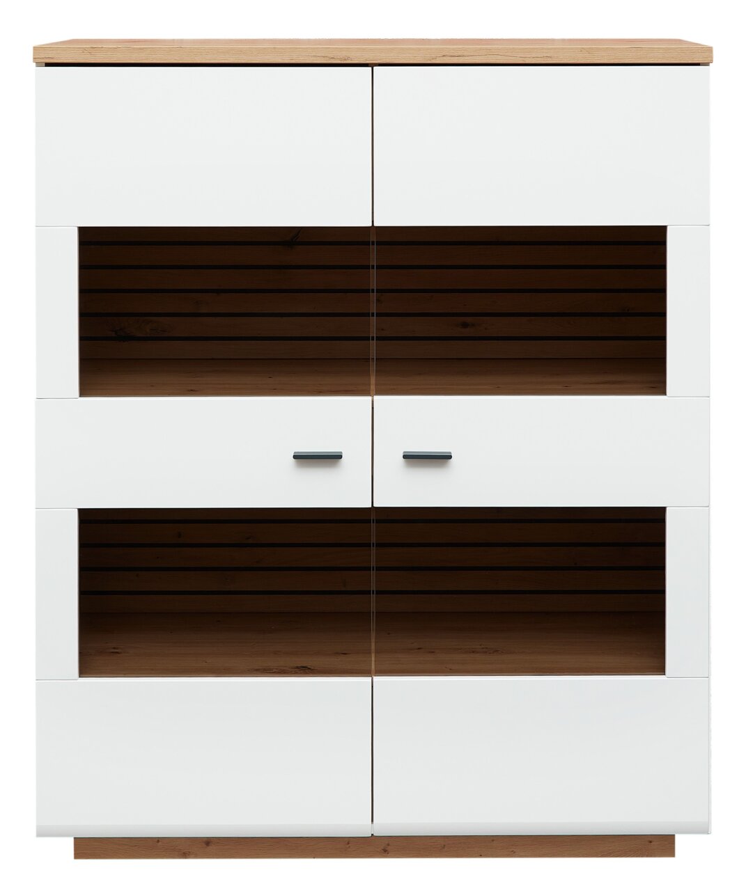 Frontansicht eines modernen Highboards mit weißen Türen und Holzdetails, zwei offenen Regalfächern und schwarzen Griffen.
