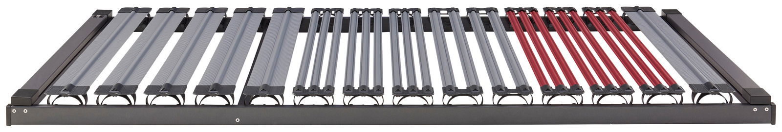 Fiberglasrahmen 90 x 200 cm, Ansicht von vorne, mit grauen und roten Latten.