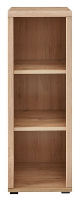 Frontansicht eines schmalen, niedrigen Aktenregals aus Holz mit drei offenen Fächern.