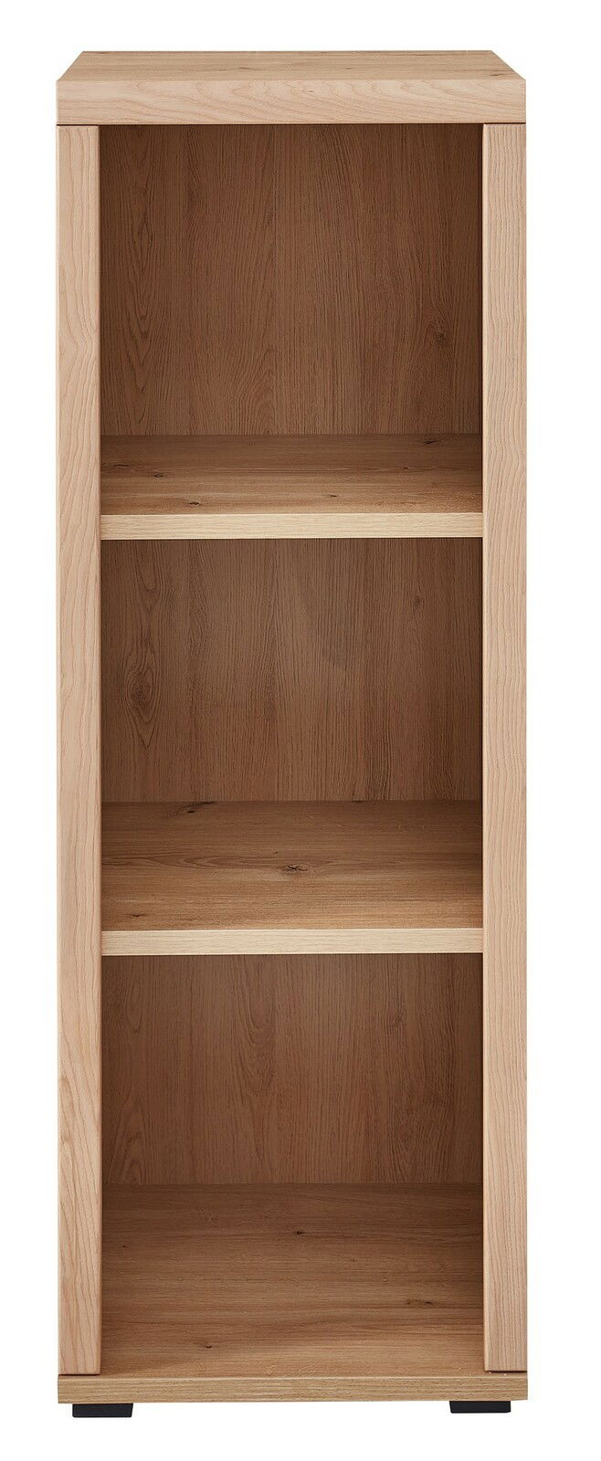 Frontansicht eines schmalen, niedrigen Aktenregals aus Holz mit drei offenen Fächern.