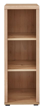 Frontansicht eines schmalen, niedrigen Aktenregals aus Holz mit drei offenen Fächern.