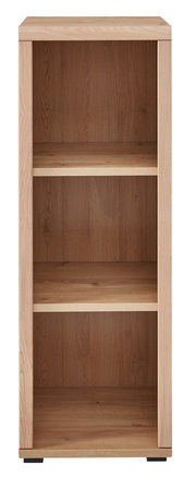 Frontansicht eines schmalen, niedrigen Aktenregals aus Holz mit drei offenen Fächern.