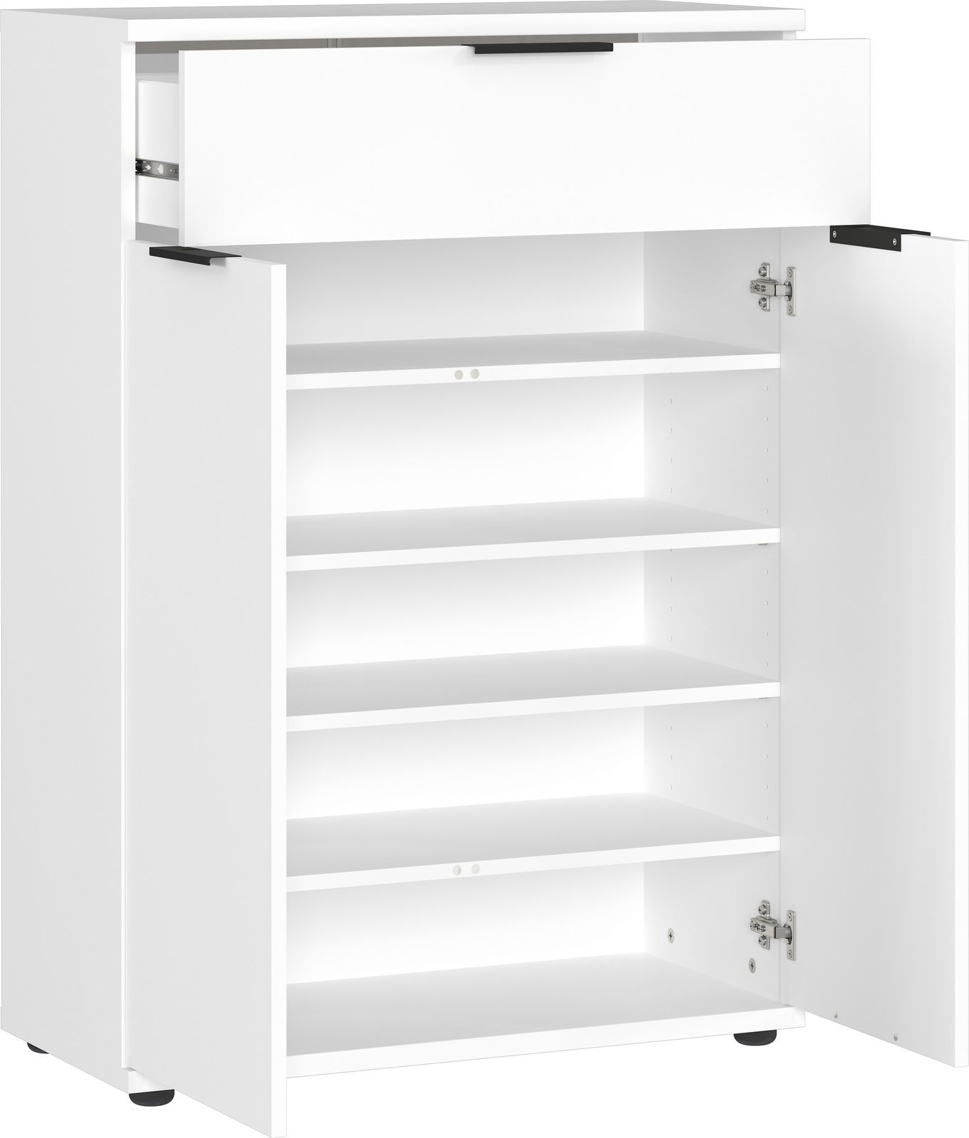 Weißer Schuhschrank mit einer offenen Schublade oben und geöffneten Türen unten, die mehrere Regalböden zeigen, frontale Perspektive.