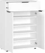 Weißer Schuhschrank mit einer offenen Schublade oben und geöffneten Türen unten, die mehrere Regalböden zeigen, frontale Perspektive.
