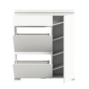 Moderner weißer Schuhschrank mit offenen Klappen und Regalfächern, Frontalansicht