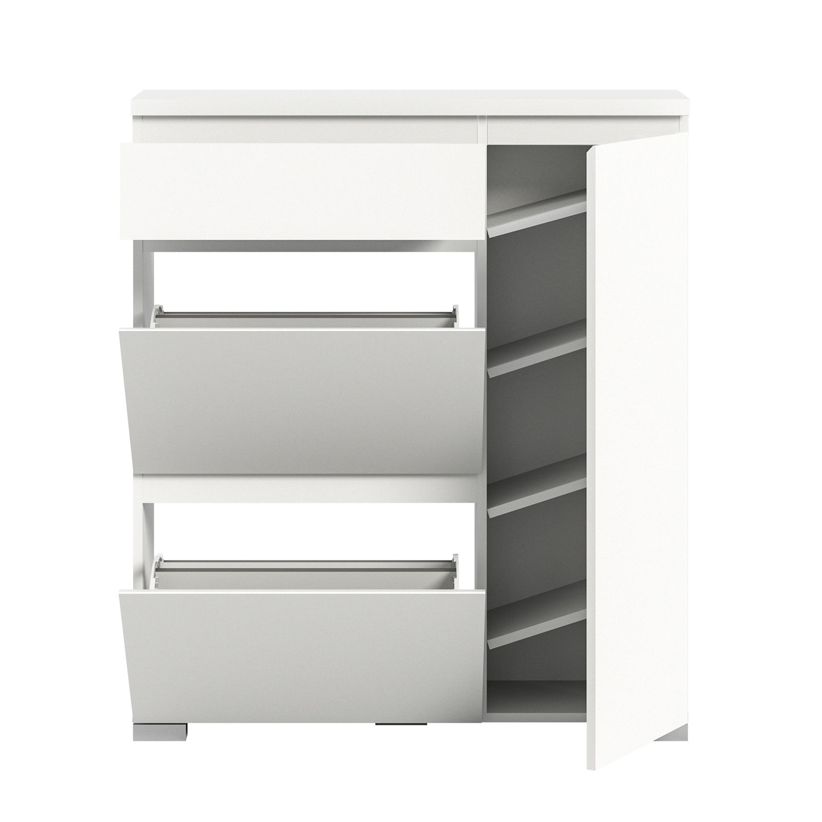 Moderner weißer Schuhschrank mit offenen Klappen und Regalfächern, Frontalansicht