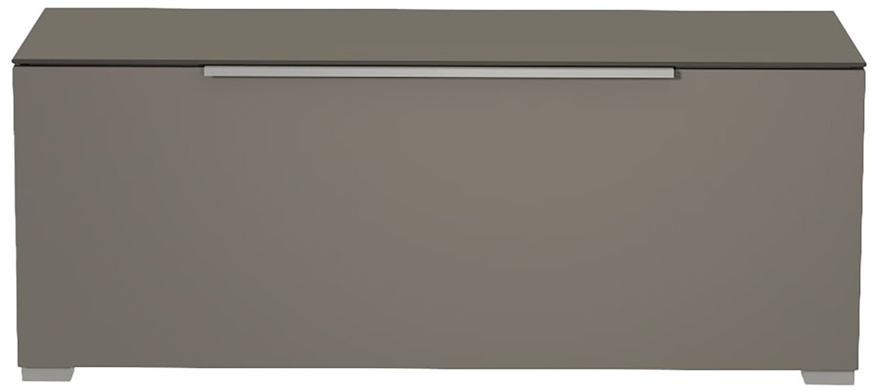 Frontansicht eines grauen TV-Lowboards der Serie BORMIO mit schlichtem Design und silbernem Griff.